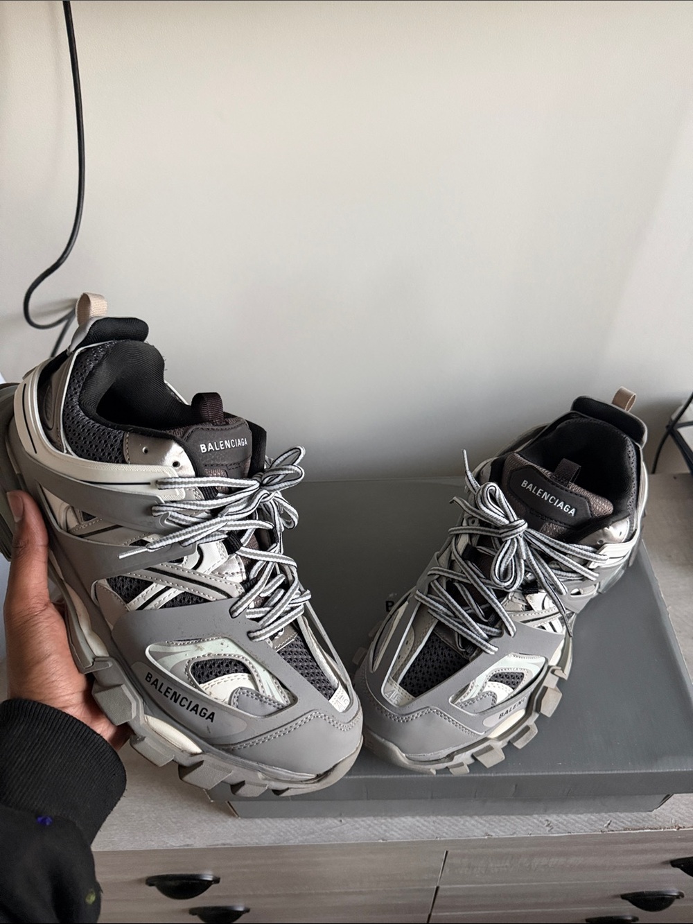 Balenciaga Chunky Track Sneakers in Gray, Black and Cream - Picture 1 of 5
